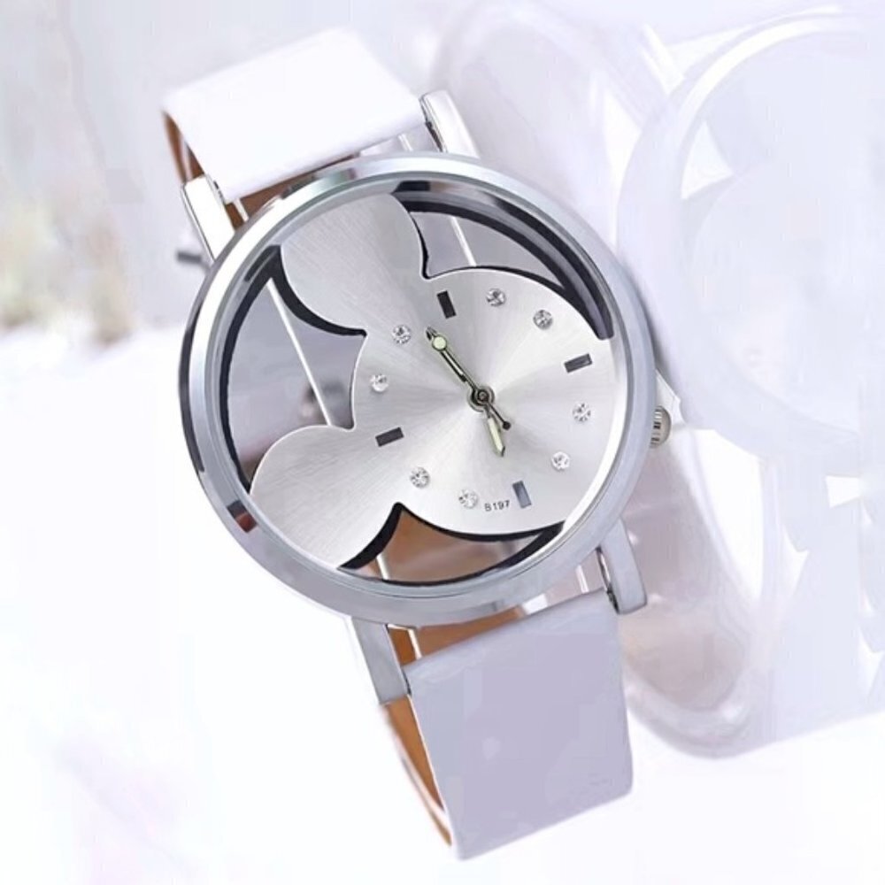 Minnie Mickey Mouse Watch Clear Analog Adjustable Buckle Band Silver White